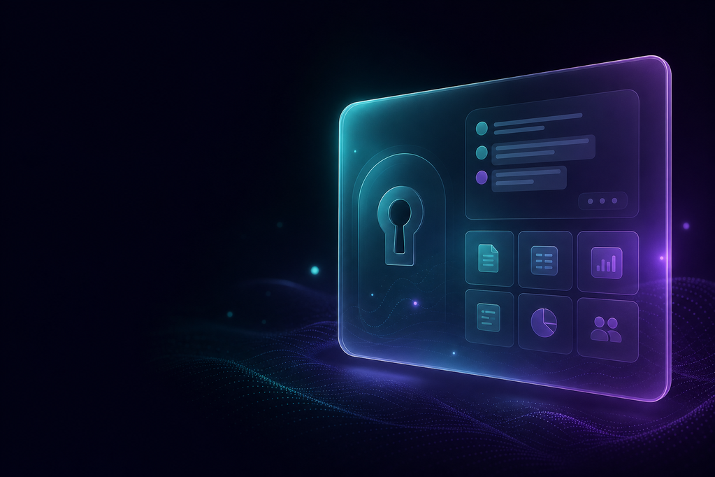 Abstract illustration of an AI workspace connected to everyday tools, with encrypted chat history.
